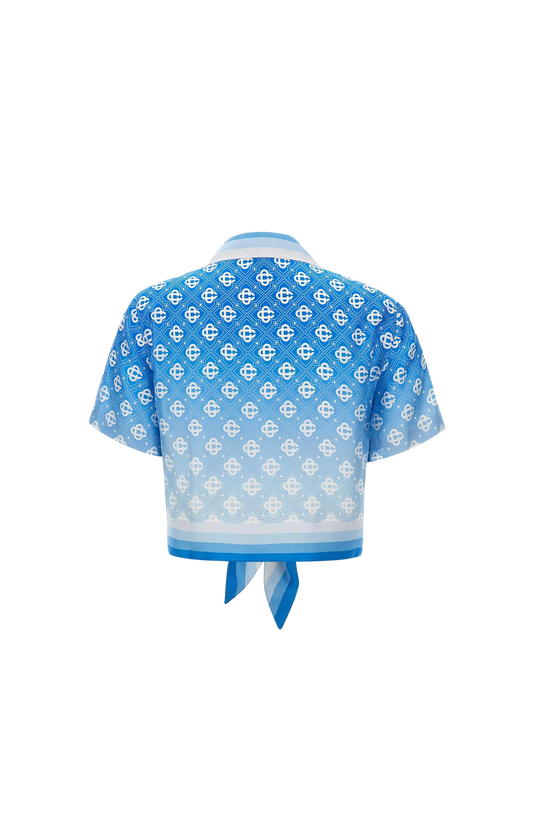 Blue Gradient Monogram Knotted Cropped Silk Shirt