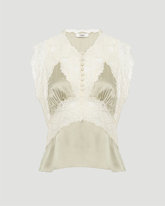 V-Neck Top in Silk Satin And Lace