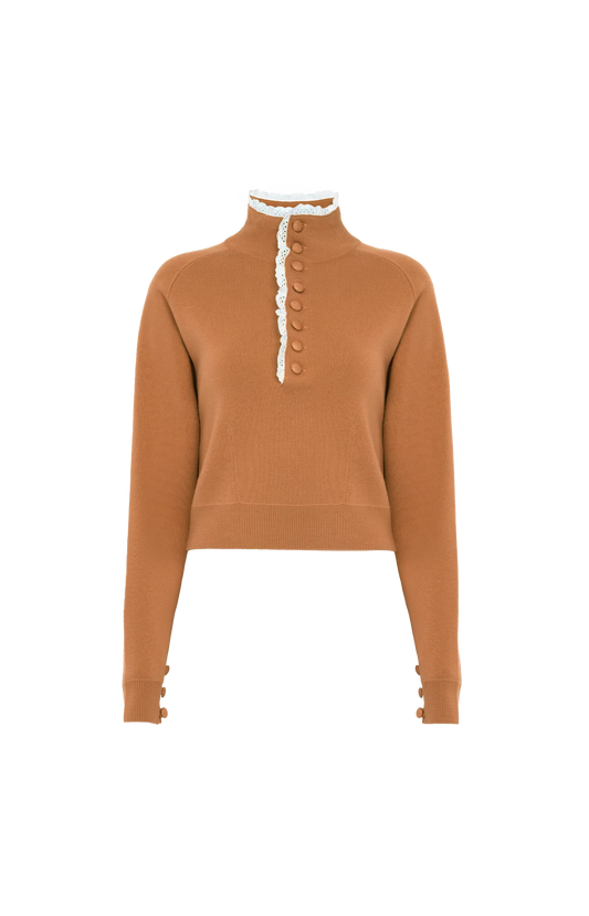 High-neck Sweater in a Wool Knit & Lace