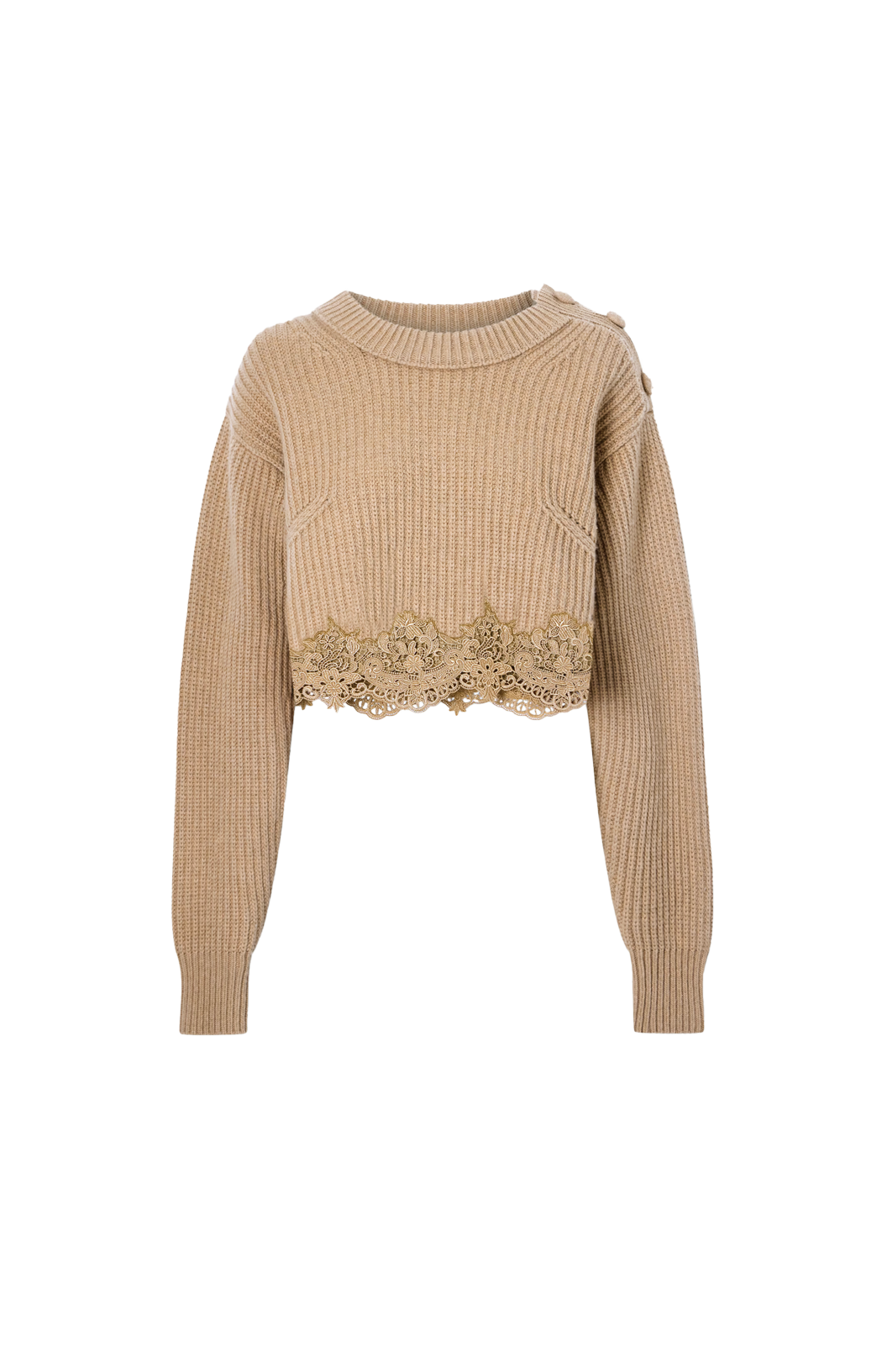 Cropped Cashmere Blend Sweater with Lace Trim