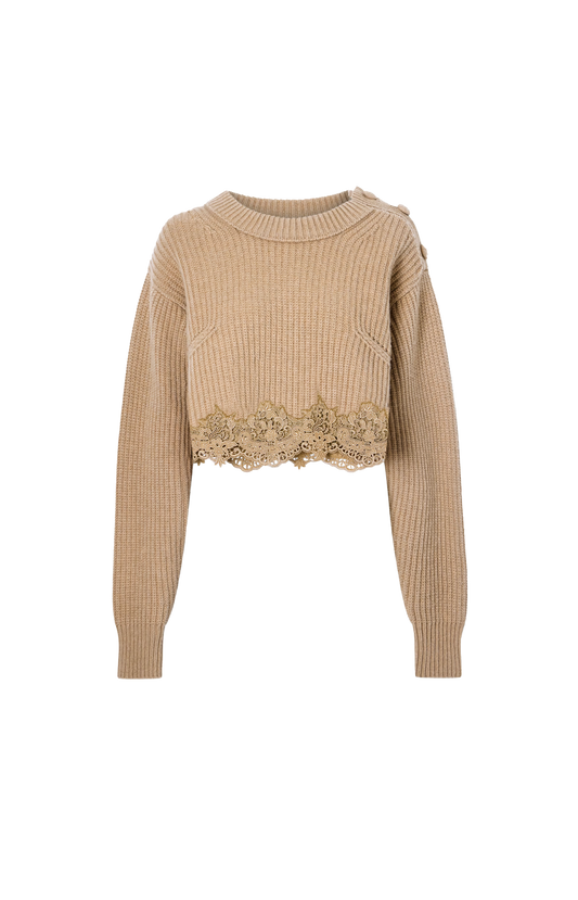 Cropped Cashmere Blend Sweater with Lace Trim