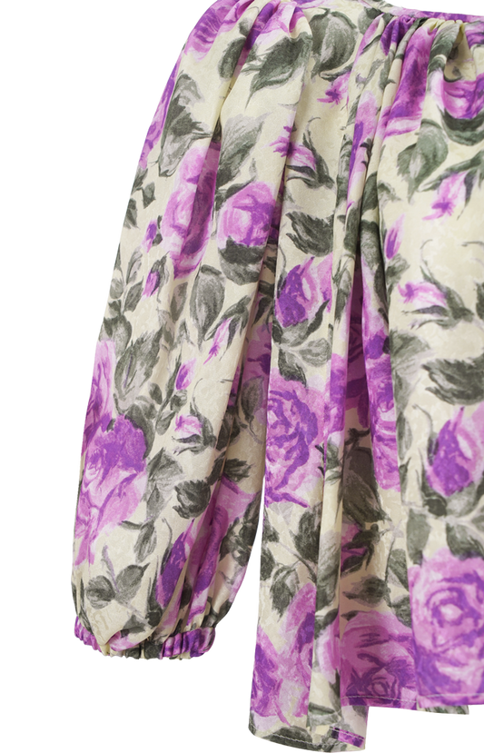 Cropped puff-sleeve top in silk jacquard