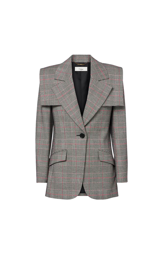Chloé Prince of Wales Wool Single-Breasted Tailored jacket in Black/Red — front view