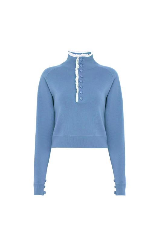 High-Neck Sweater in a Wool Knit & Lace