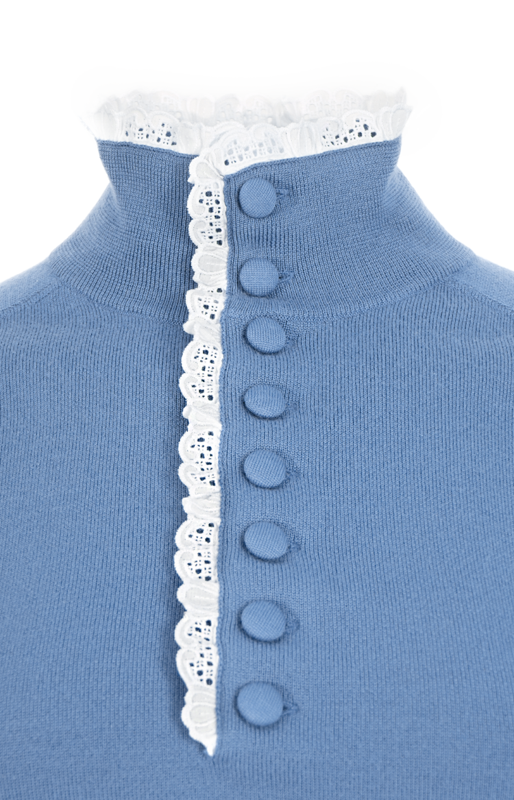 High-Neck Sweater in a Wool Knit & Lace