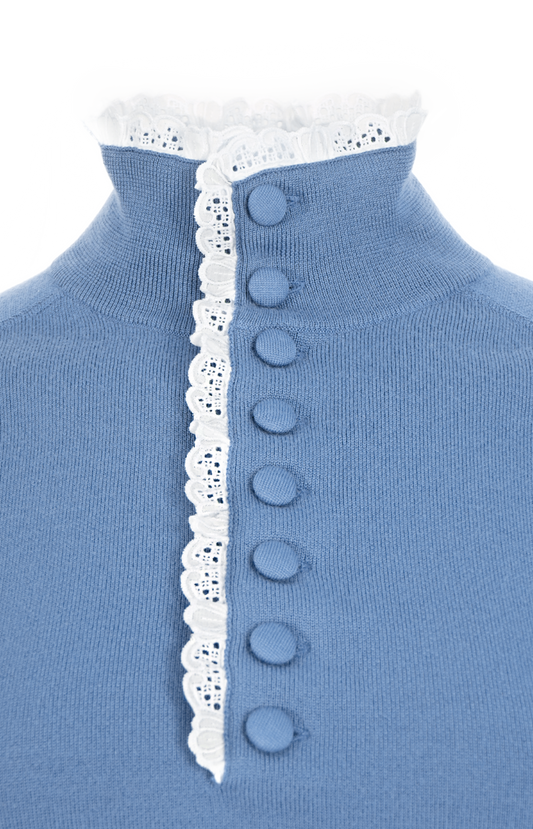 High-Neck Sweater in a Wool Knit & Lace