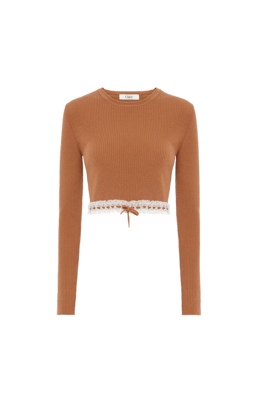 Cropped Fitted Jumper in a Wool Knit & Lace