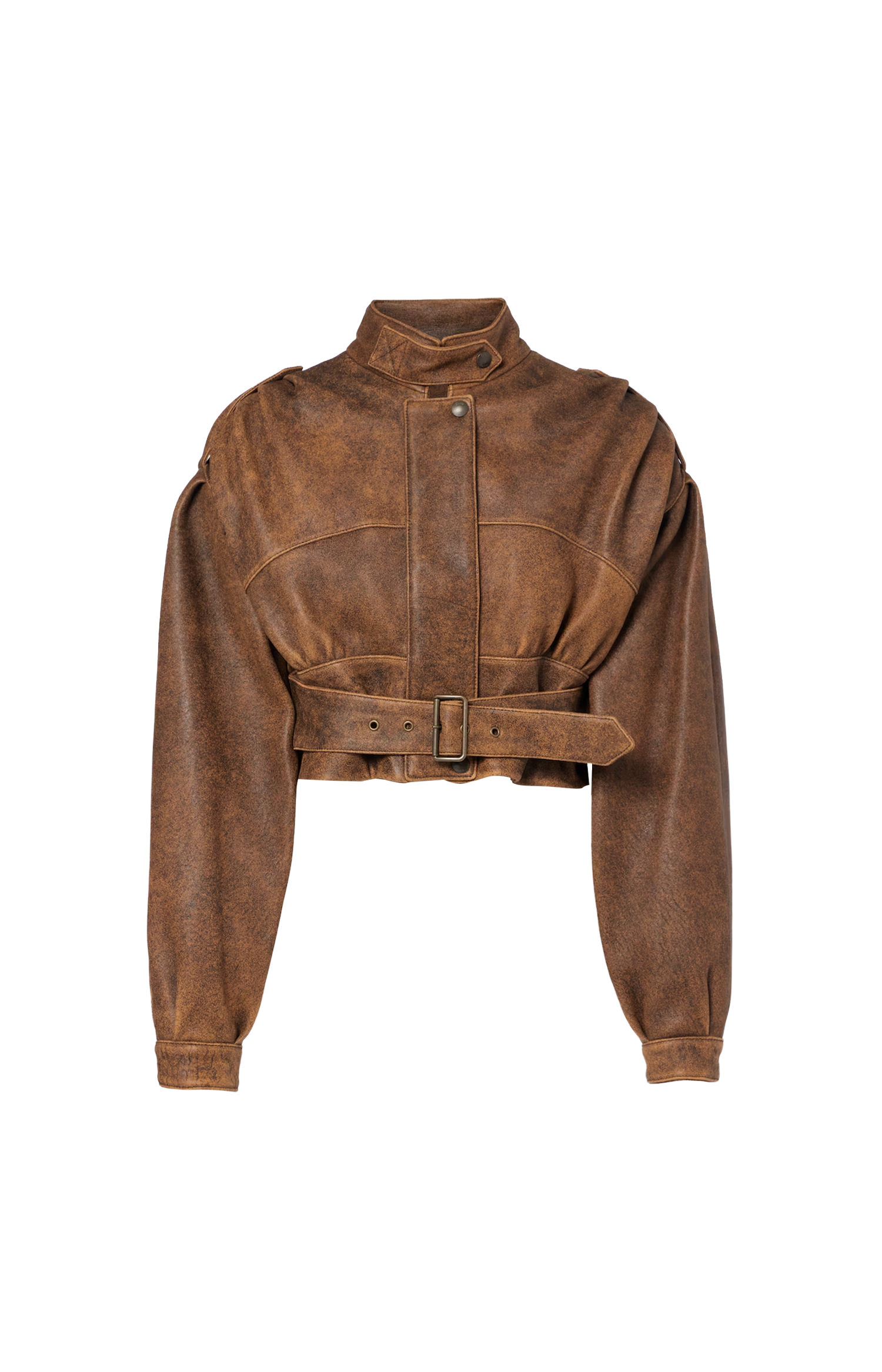 Brown leather jacket with a belt on a white background