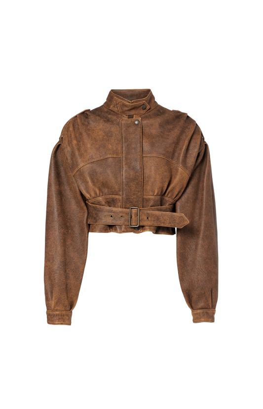 Brown leather jacket with a belt on a white background