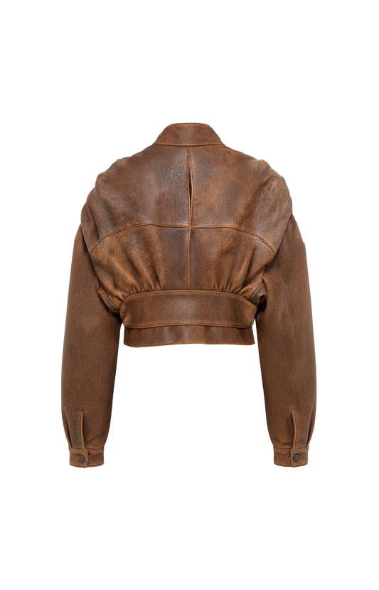 Cropped Belted Textured-Leather Jacket