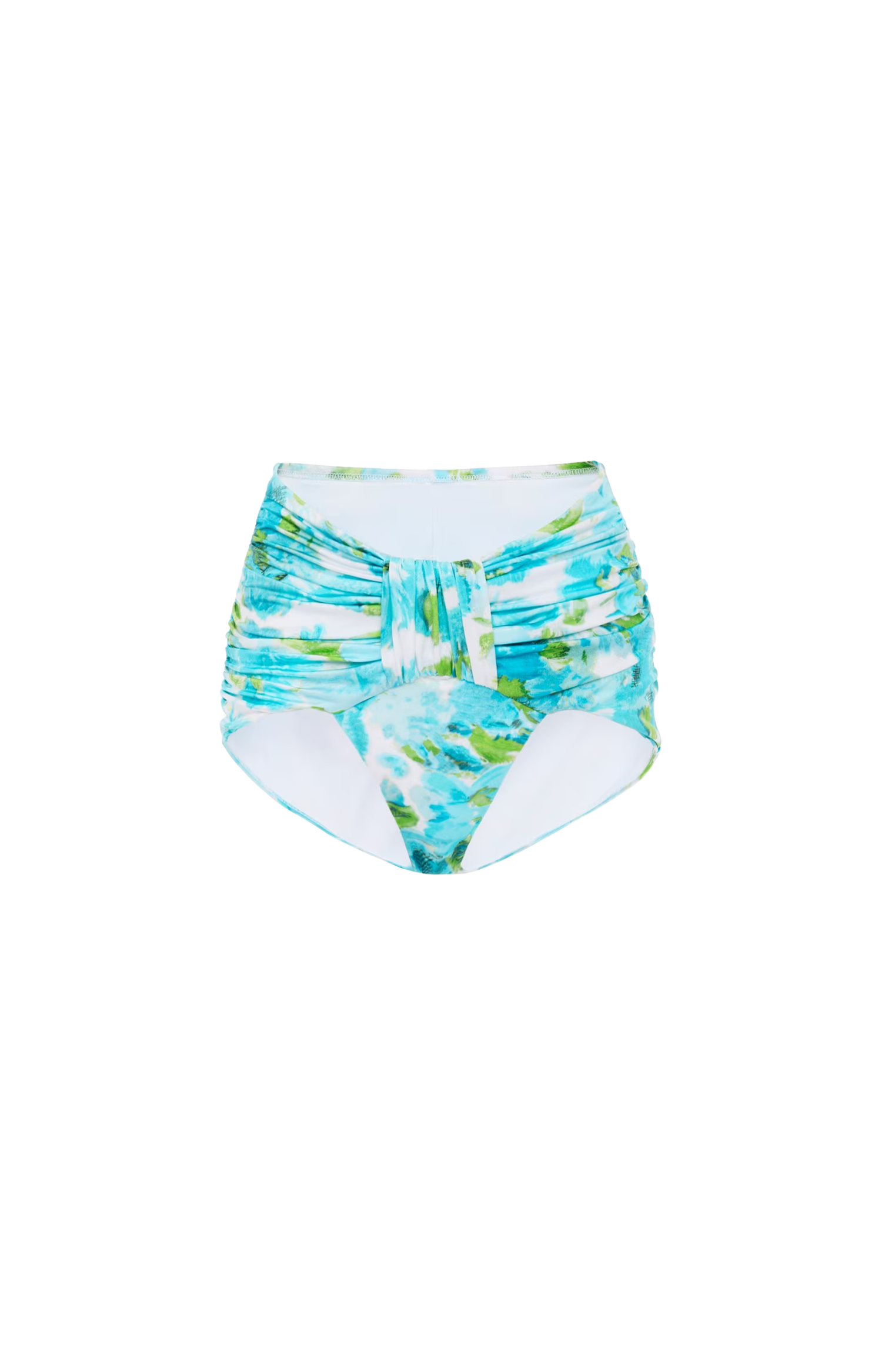 High-waisted bikini bottom with floral pattern on a white background