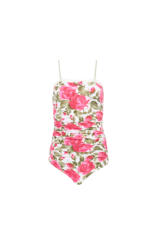 Ruched rose-print bodysuit