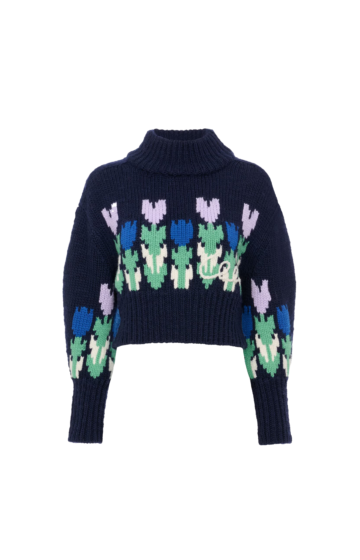 Wool Cropped Mock-Neck Logo Sweater in Dark Navy
