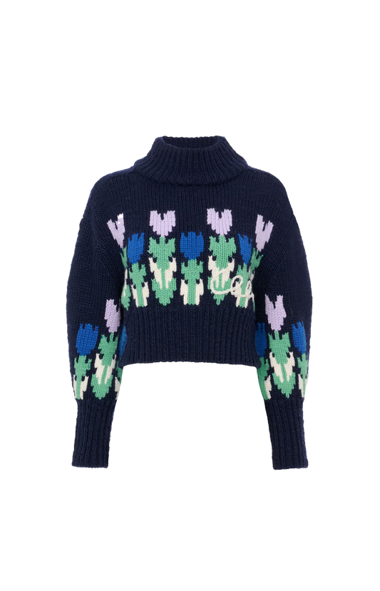 Wool Cropped Mock-Neck Logo Sweater in Dark Navy