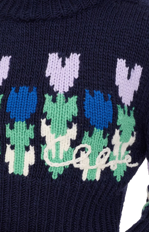 Wool Cropped Mock-Neck Logo Sweater in Dark Navy