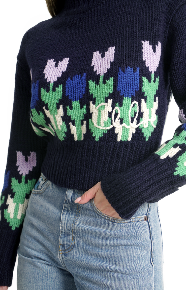 Chloé Wool Cropped Mock-Neck Logo Sweater in Dark Navy — product photo 2