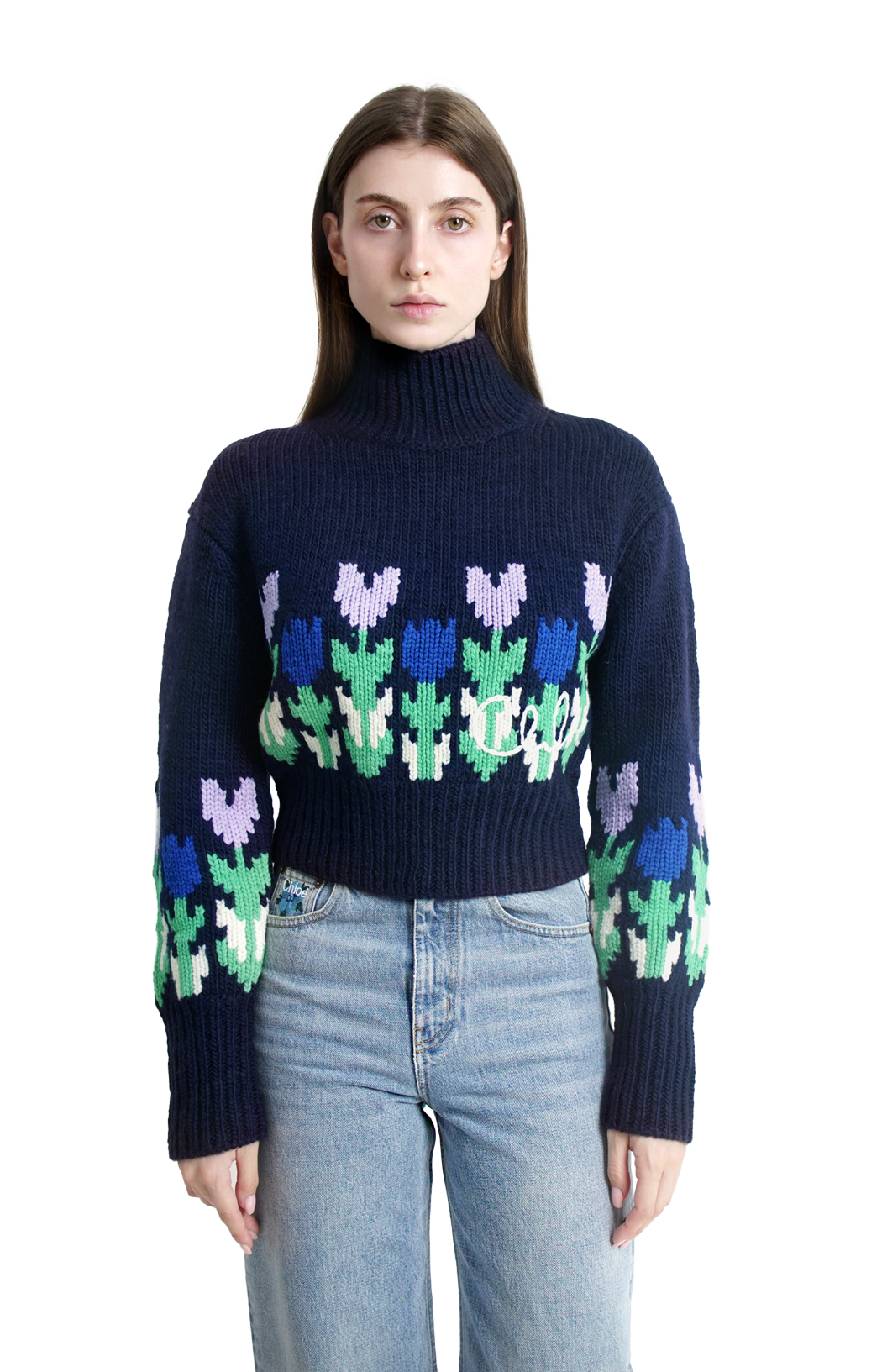 Wool Cropped Mock-Neck Logo Sweater in Dark Navy