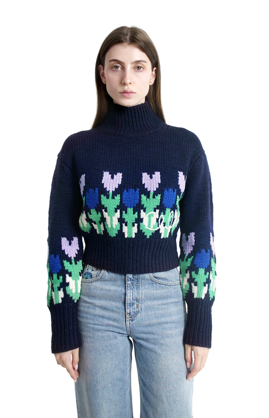Wool Cropped Mock-Neck Logo Sweater in Dark Navy