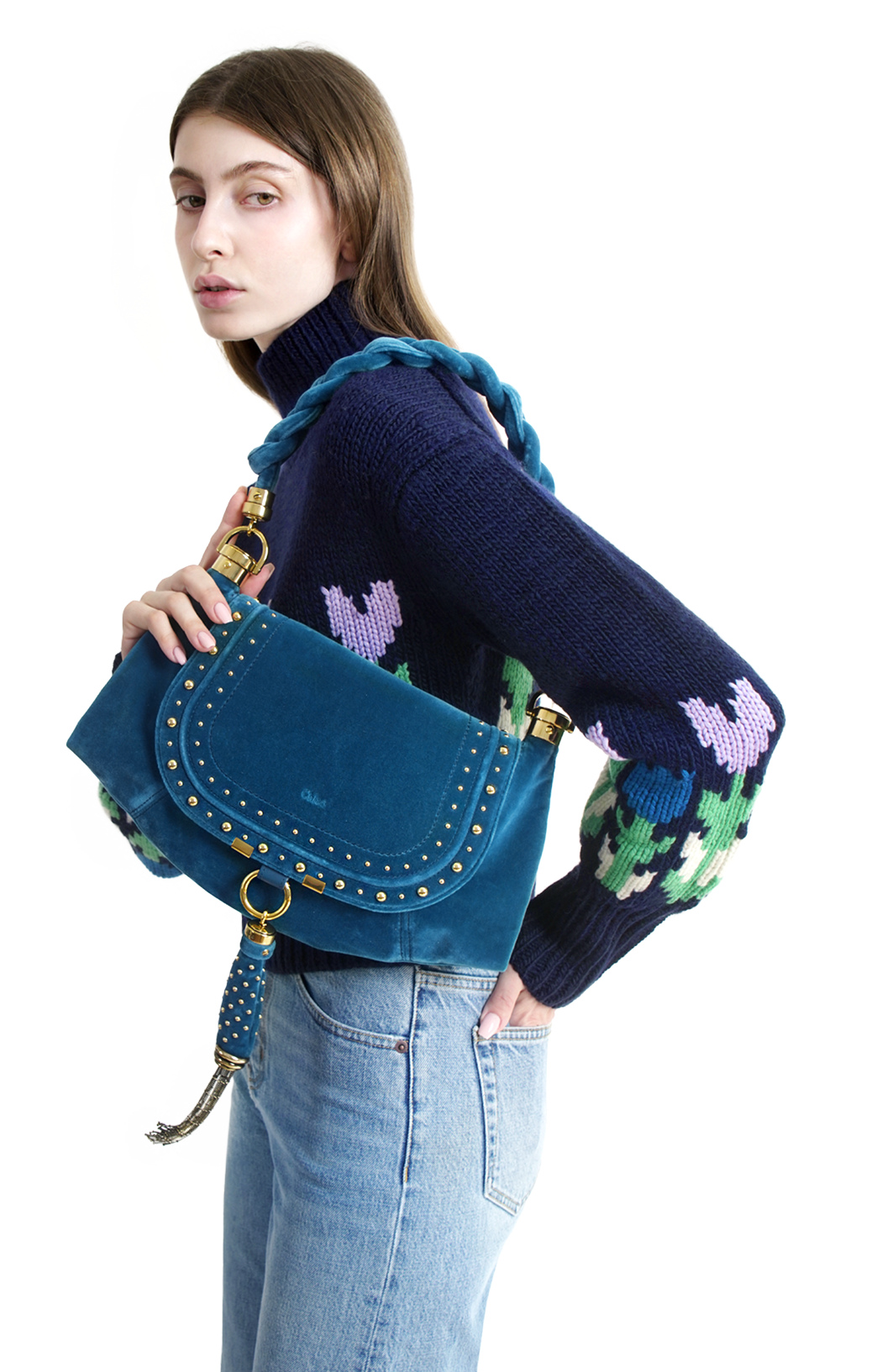 Chloé Studded Velvet Small Marcie Foulard Hobo Bag in Moon Blue — product photo 2
