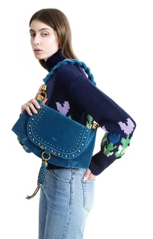 Studded Velvet Small Marcie Foulard Hobo Bag in Moon Blue