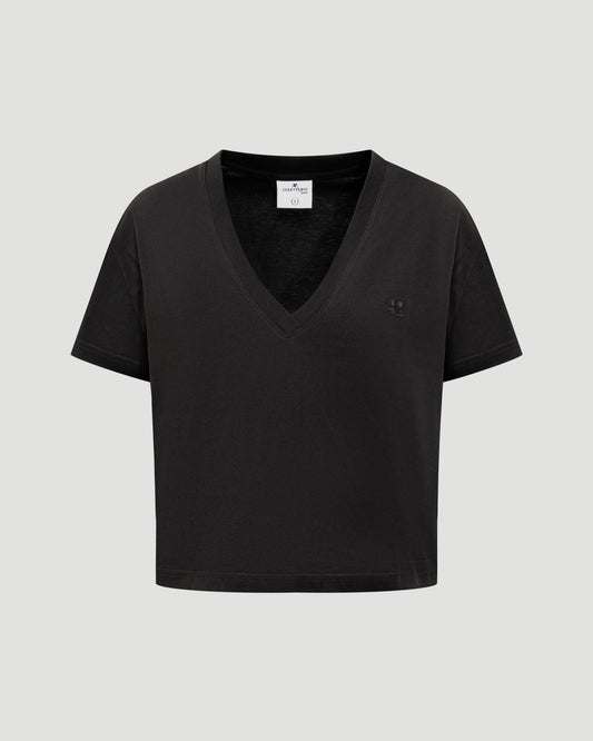 V NECK CROPPED T-SHIRT IN BLACK