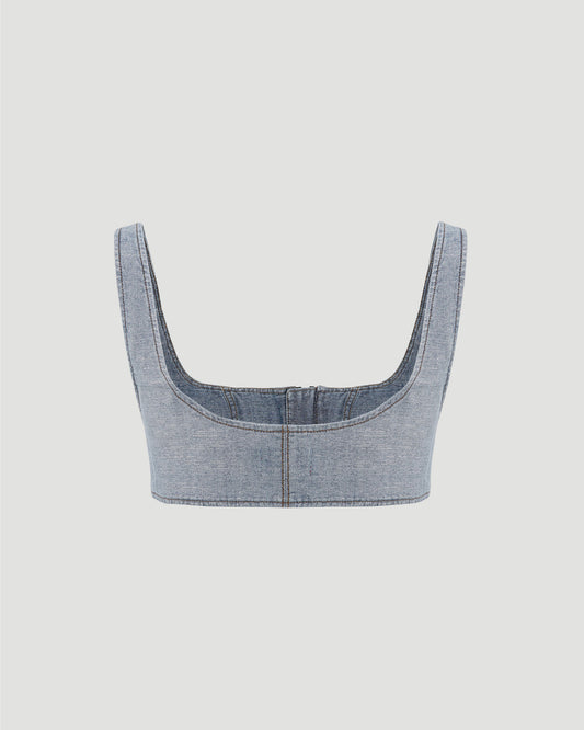 BRA TOP IN INSIDE-OUT LUREX DENIM