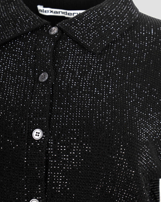 Crystal Hotfix Polo Cardigan in Black