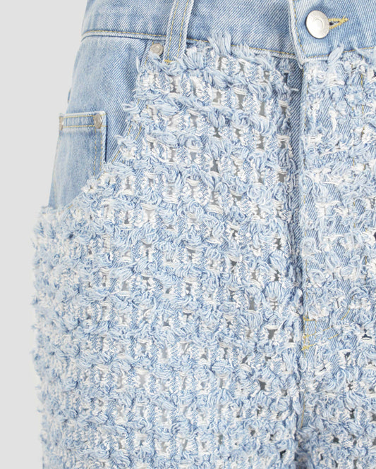 Distressed Boucle Denim Wide-Leg Jeans