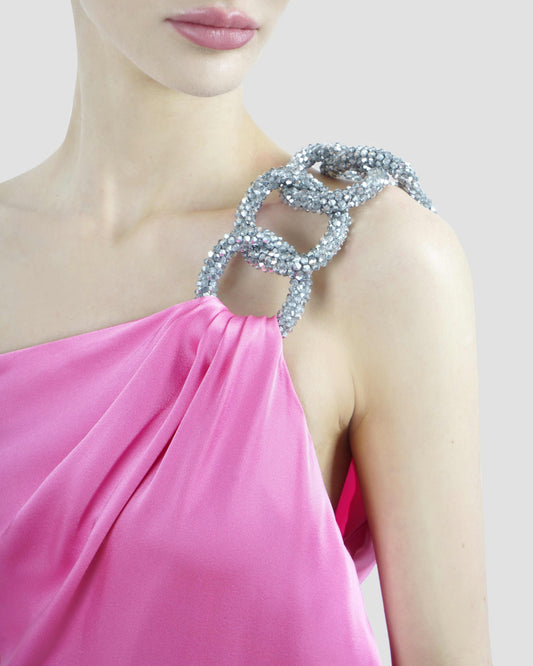 Crystal Chain Double Satin One-Shoulder Dress