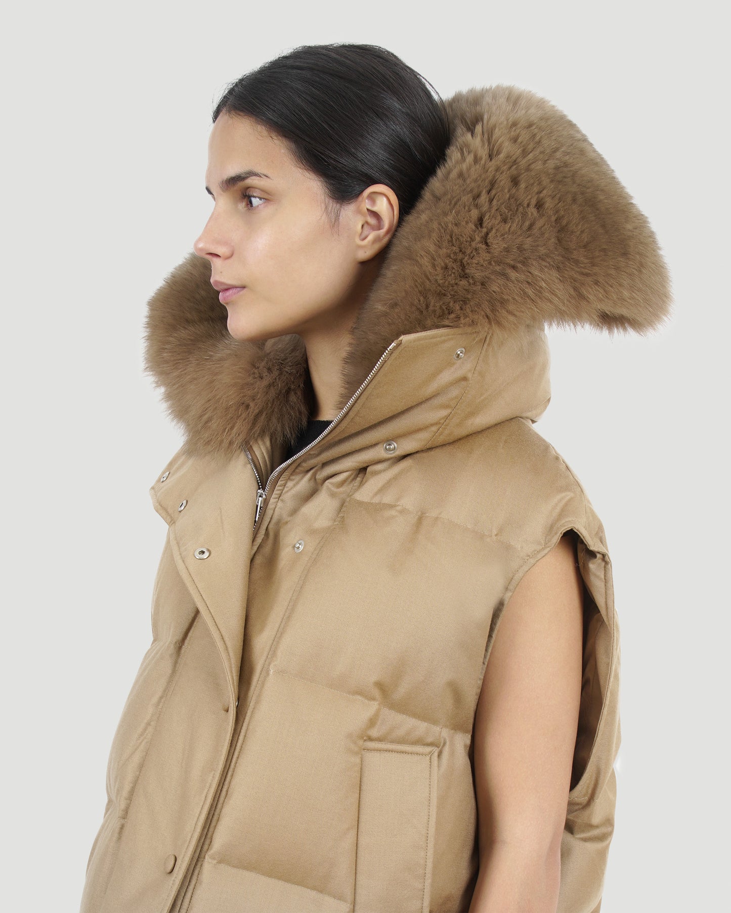 Flannel Gilet With Fox Fur Collar