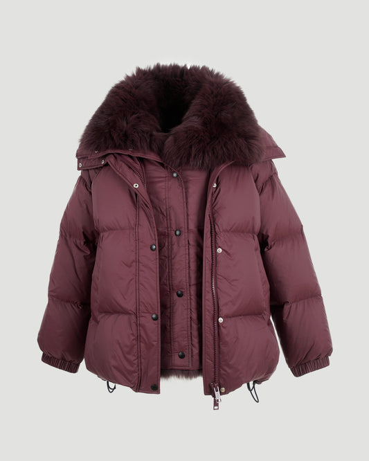 Mid-Length Down Jacket With Fluffy Lambswool Trim