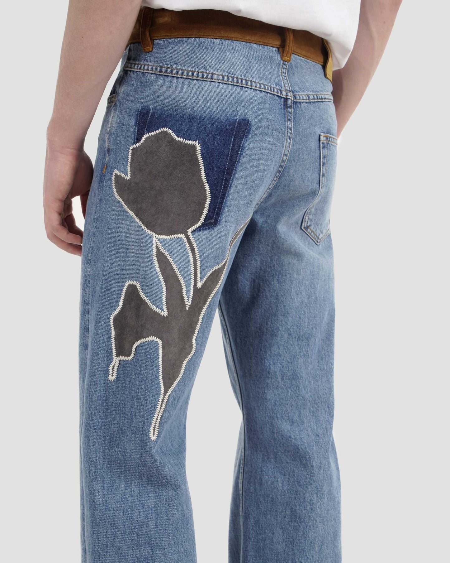 Blue Denim Trousers With Velvet Waistband