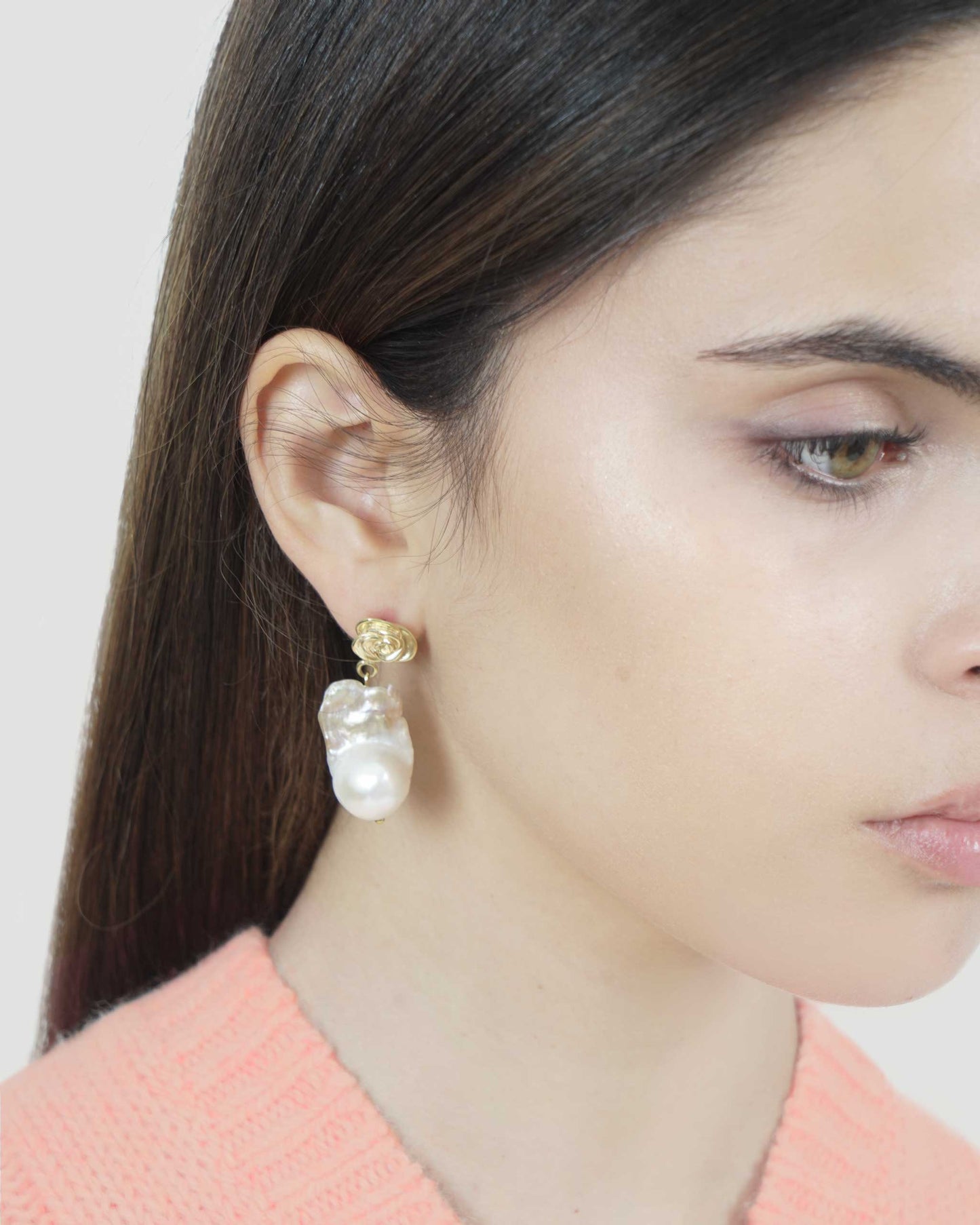 Baroque Pearl Drop Earrings With Gold Rose Stud