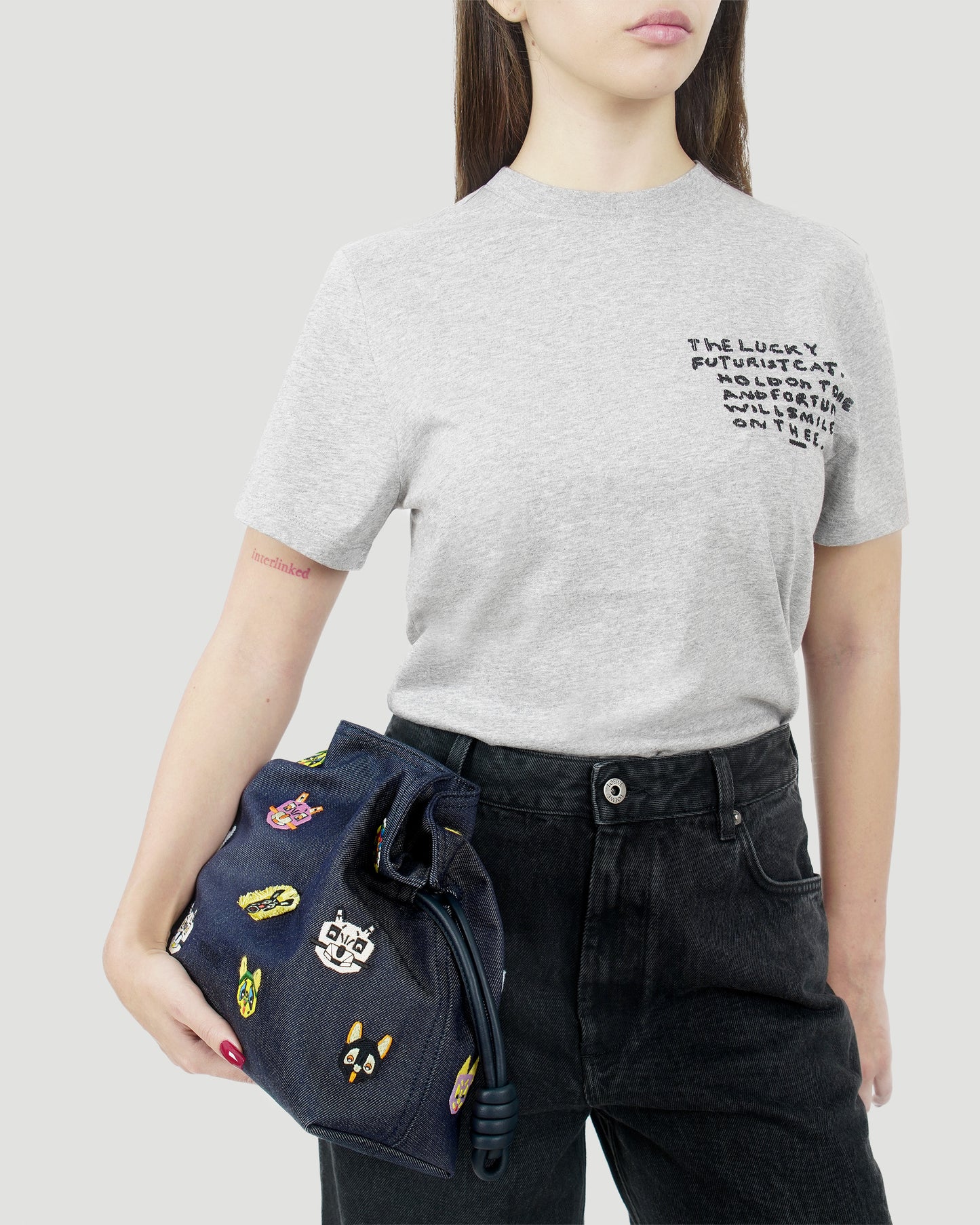 Cats Medium Flamenco Clutch in Embroidered Denim