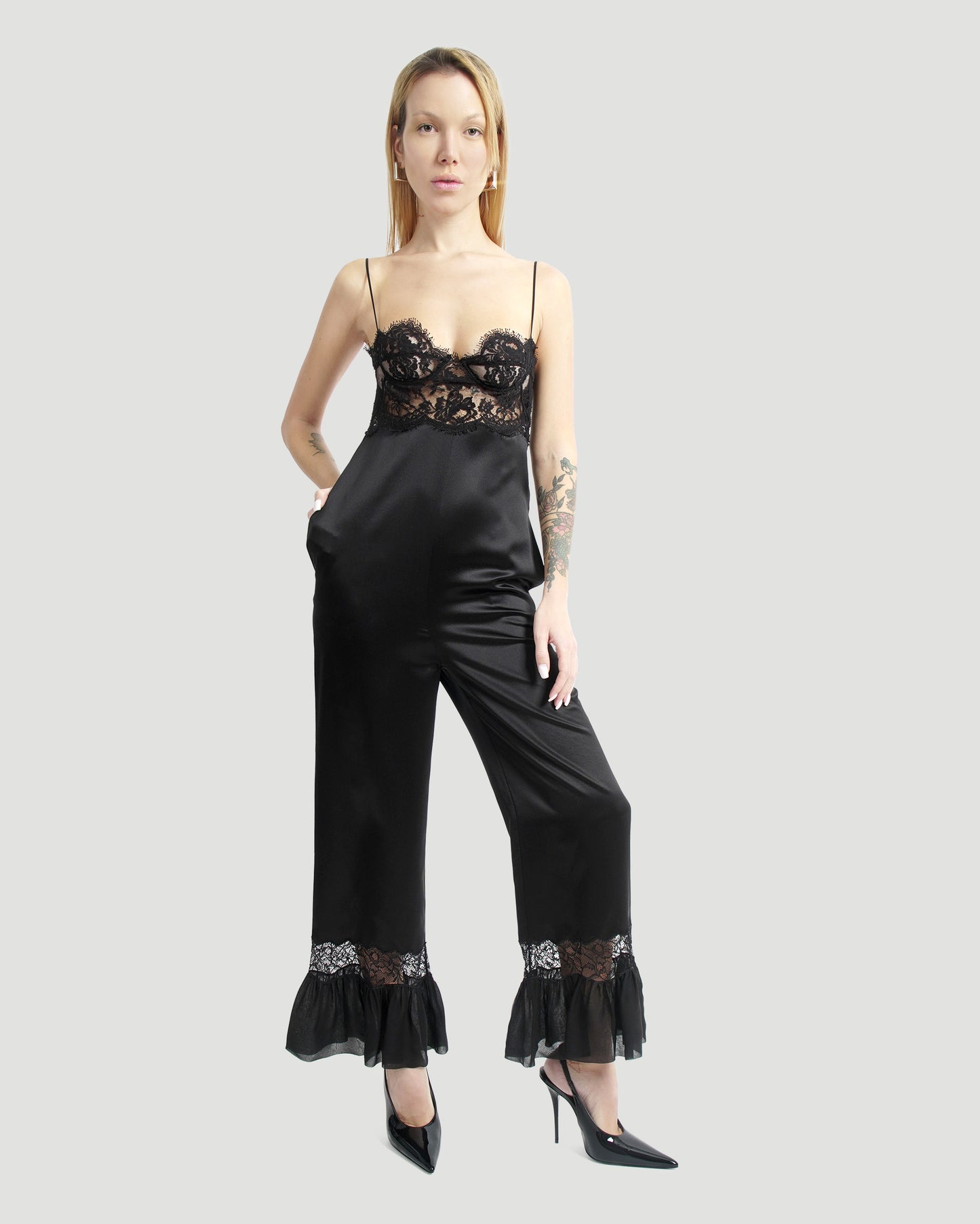 Silk Jumpsuit With Lace Trim