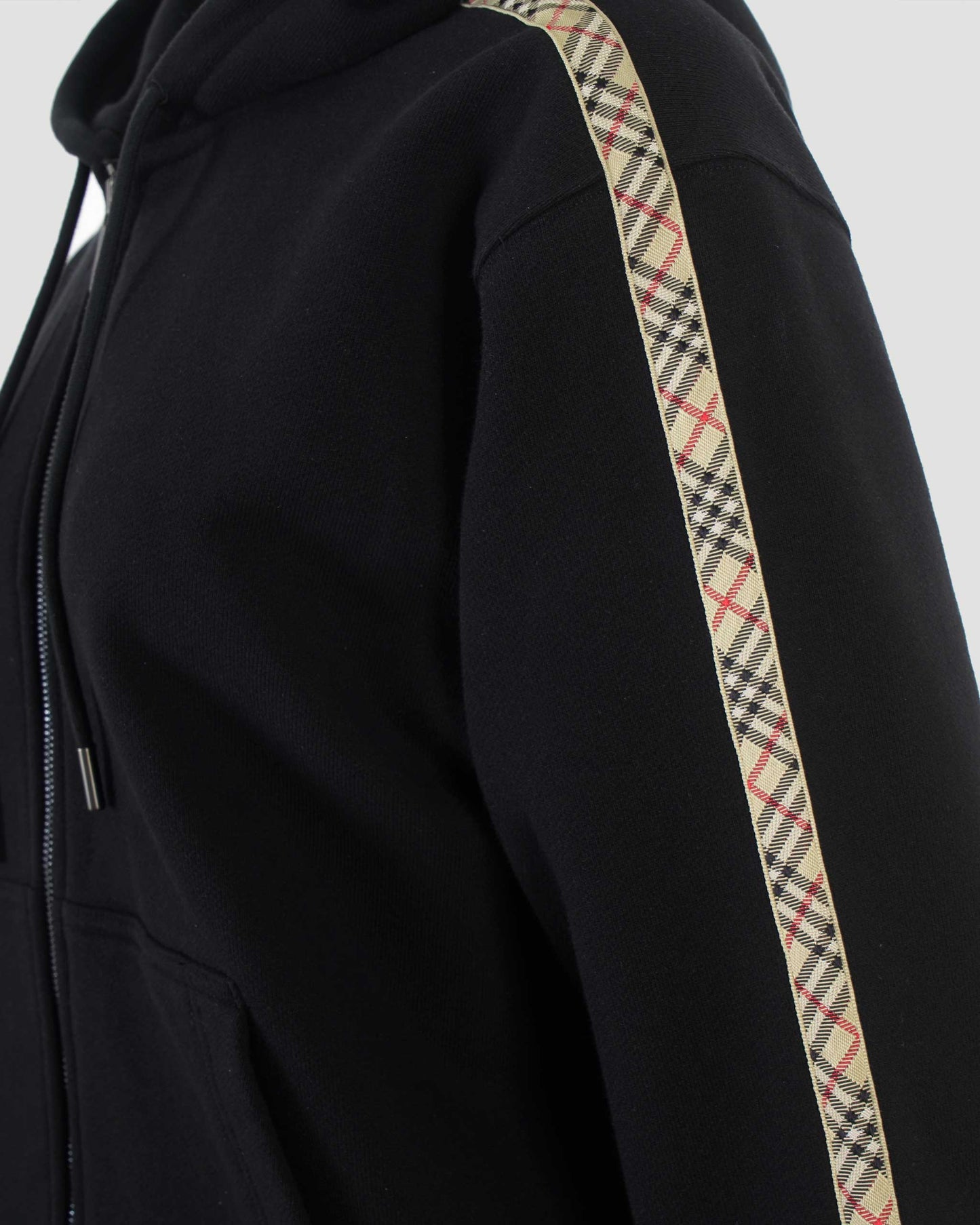 Check Trim Cotton Zip Hoodie