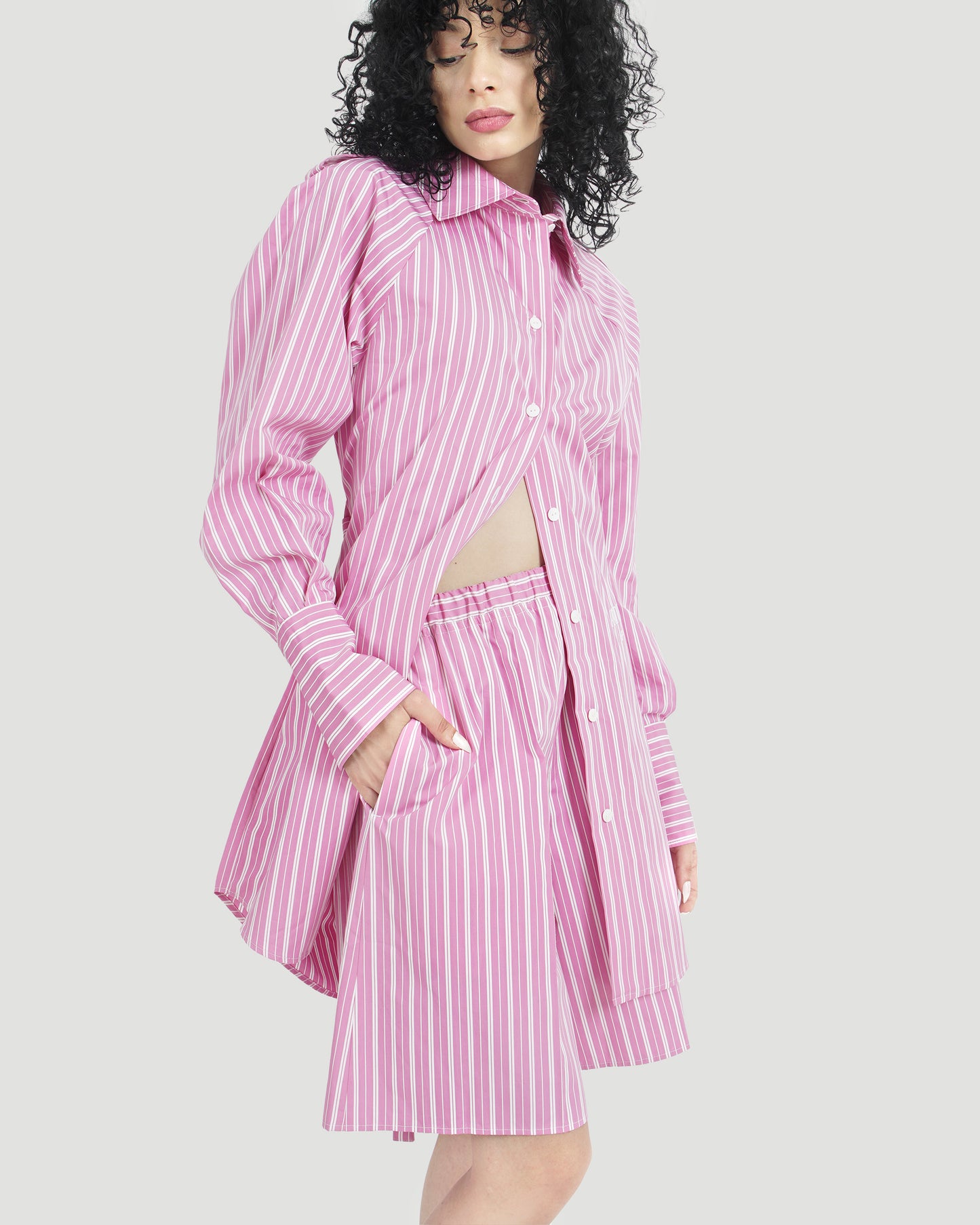 STRIPED SHIRT DRESS IN PINK
