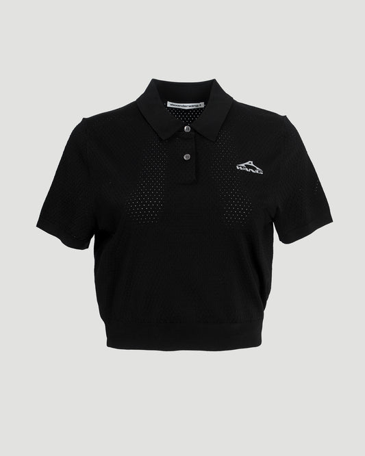 3D Logo Mesh Cropped Polo in Black