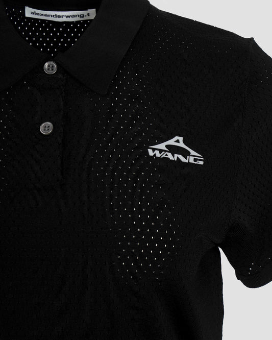 3D Logo Mesh Cropped Polo in Black