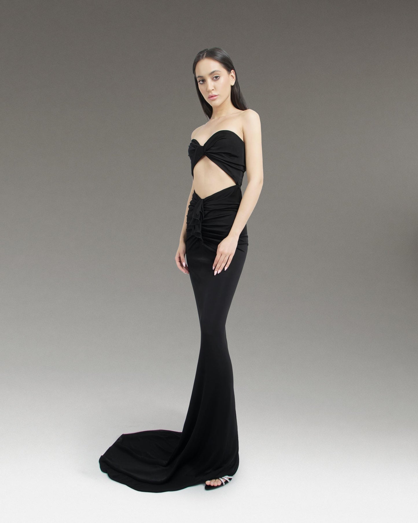 CUT-OUT BUSTIER DRESS IN CREPE JERSEY