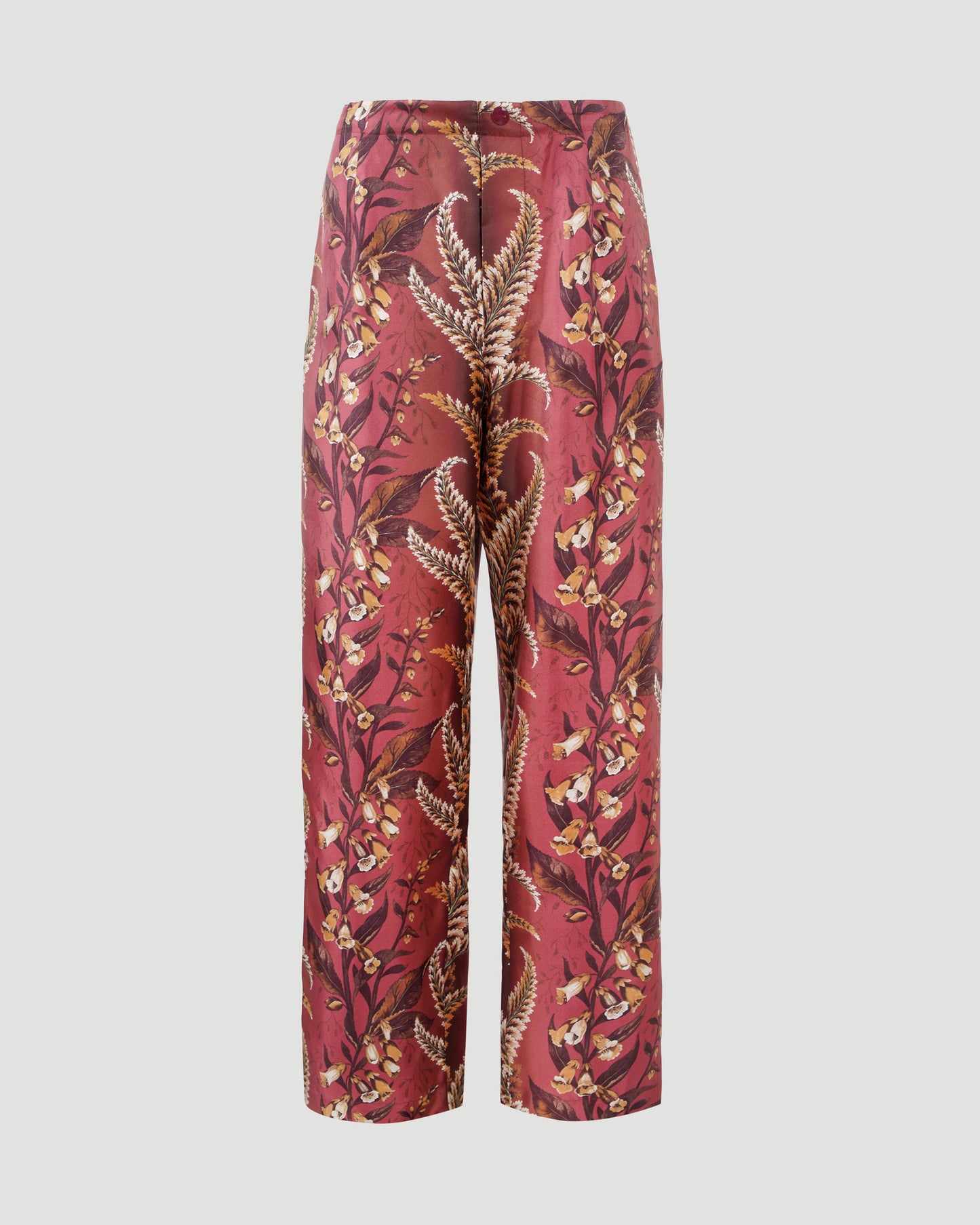 SILK PANTS WITH FLORAL MOTIF IN BRICK RED
