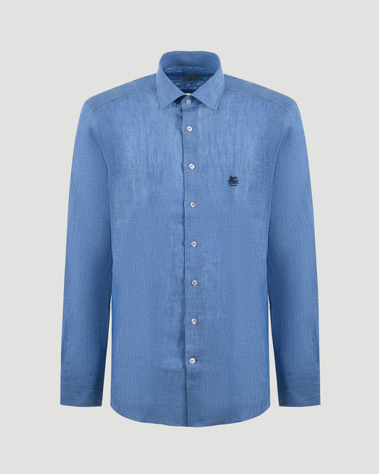 Pegaso Logo Linen Shirt in Blue