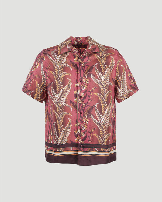 Silk flower print short sleeve shirt in brick red