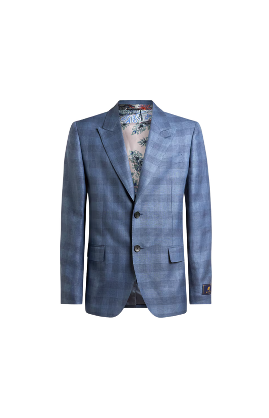 Single-Breasted Linen-Blend Jacquard Jacket with Check Motif