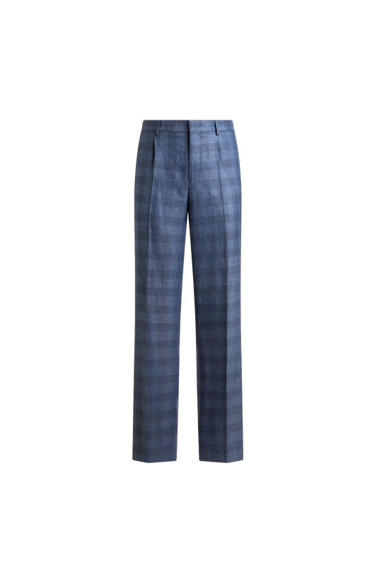 Linen Blend Jacquard Trousers with Check Motif