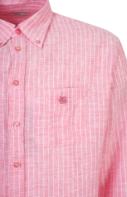 Striped Linen Button-Down Shirt with Pegaso Logo