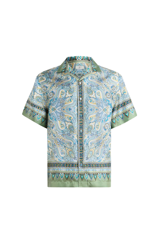 Silk Bowling Shirt with Placed Pocket-Square Paisley Print