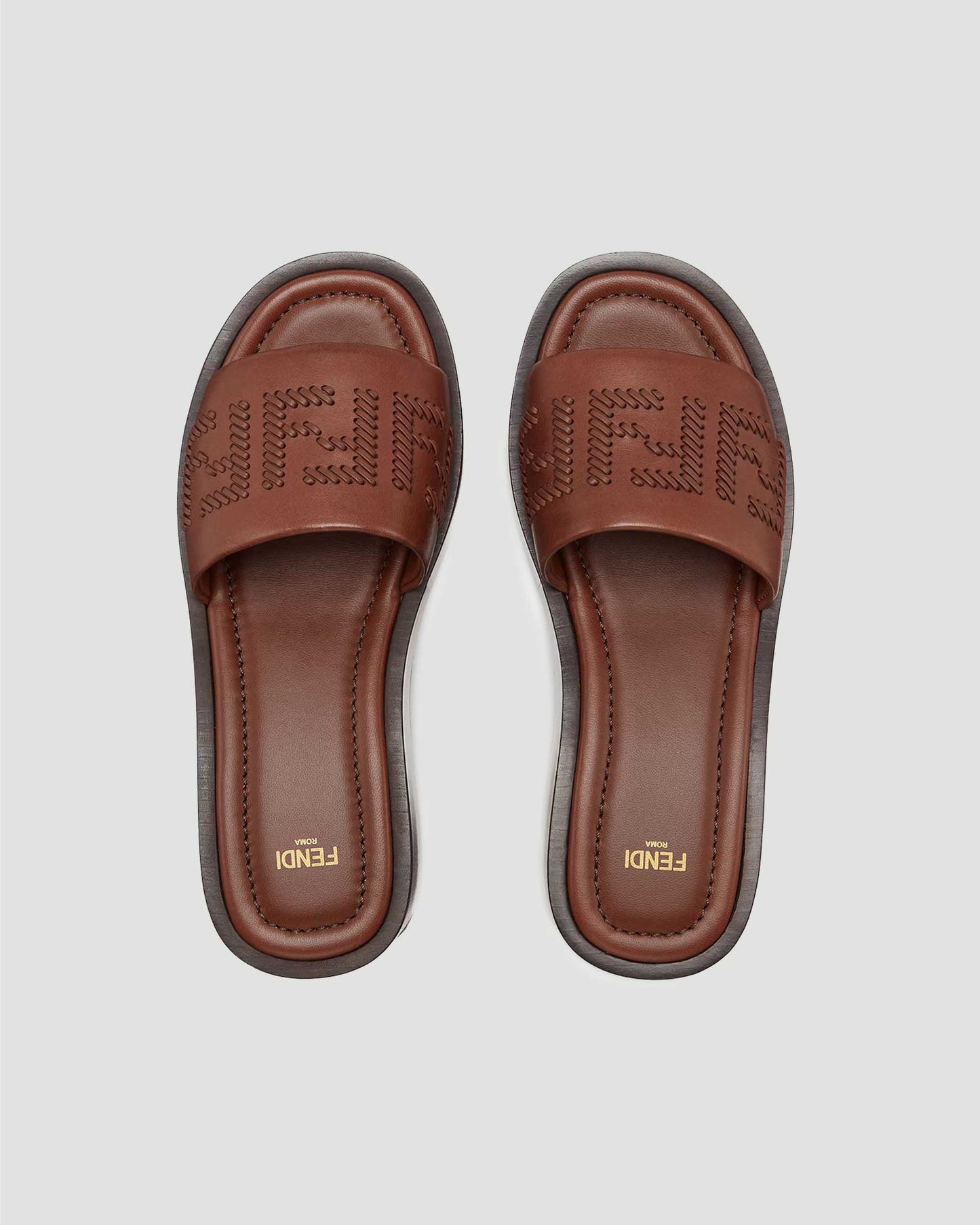Fendi Sunshine Brown Leather Flatform Slides