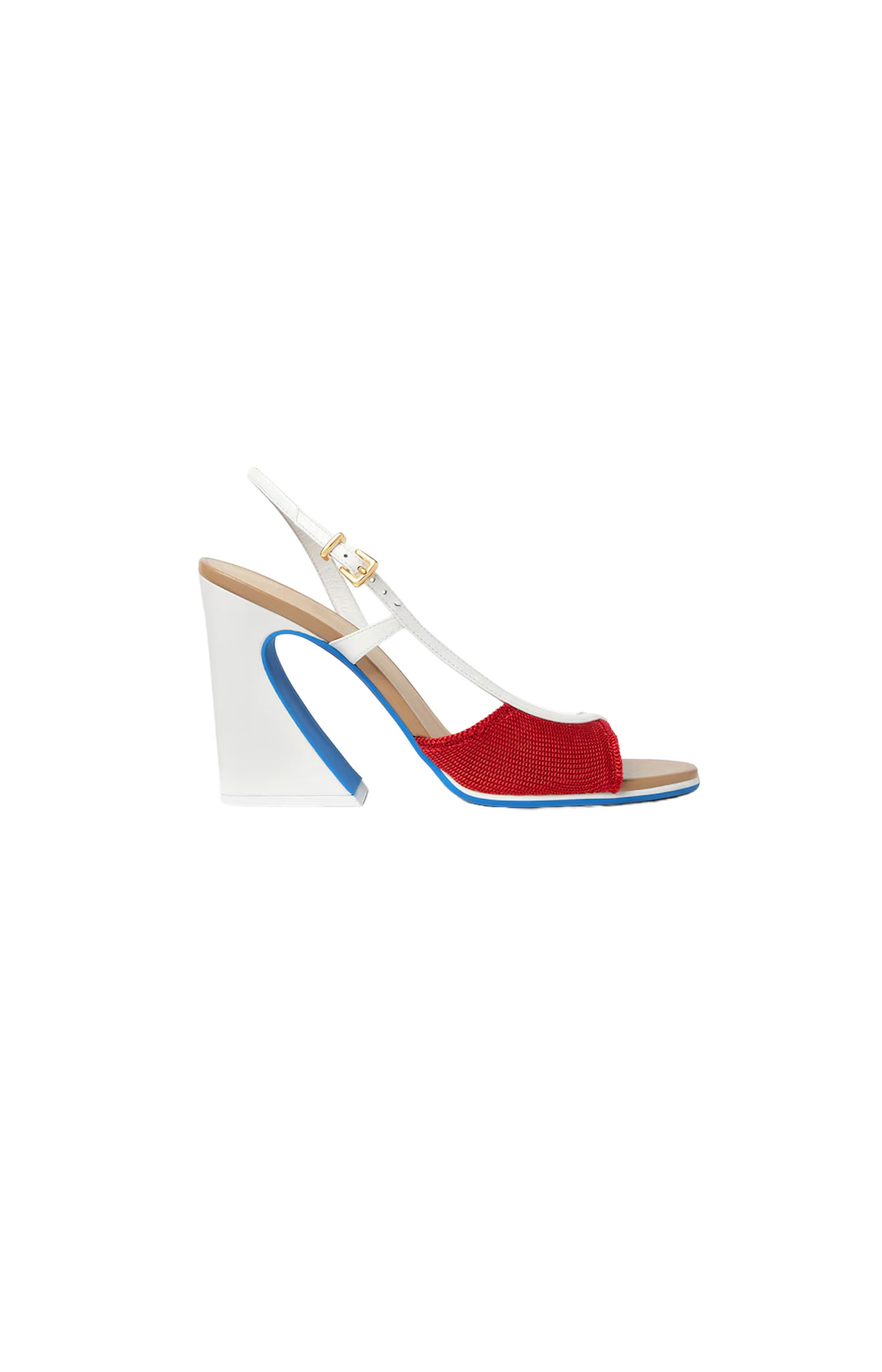 Red high-heeled shoe with a white wedge sole on a white background