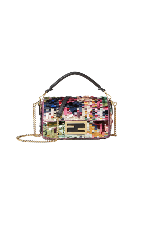Multicolored patterned handbag with gold chain on a white background